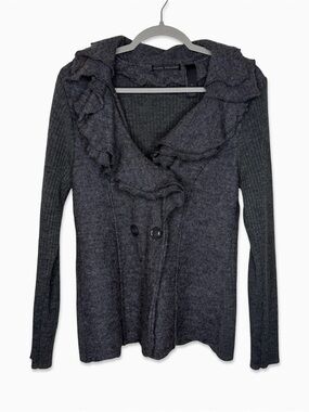 Elena Solano M Charcoal Gray Ruffle-Front Button Cardigan